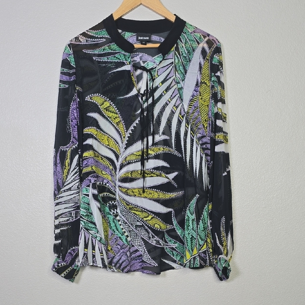 Just Cavalli Black Blouse with Green and Purple Tropical Print Front Tie Size 40